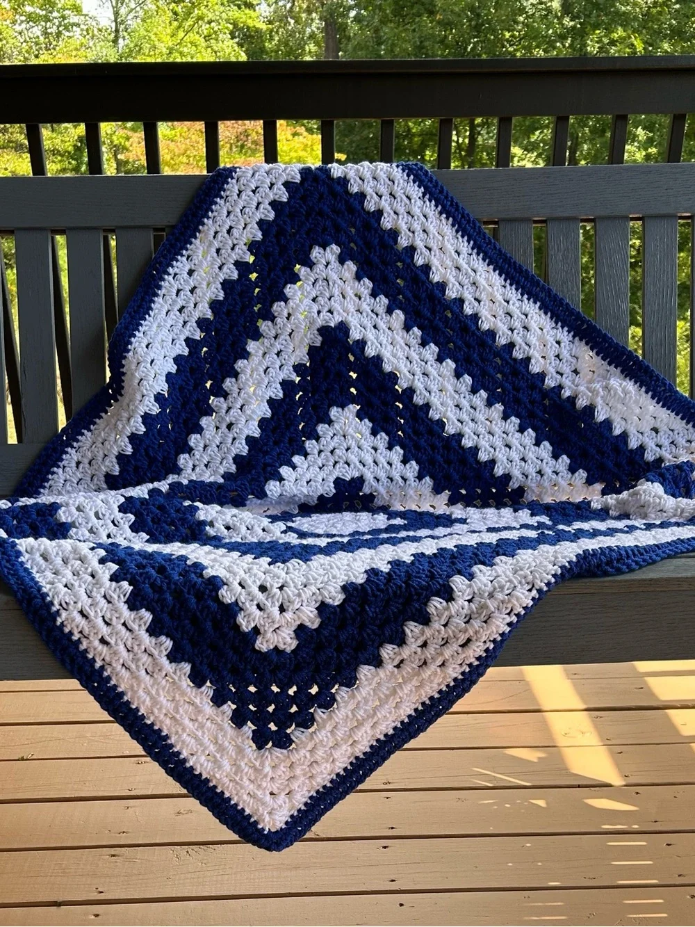 Handmade crochet blue & white throw. Approximate 46x46” very clean